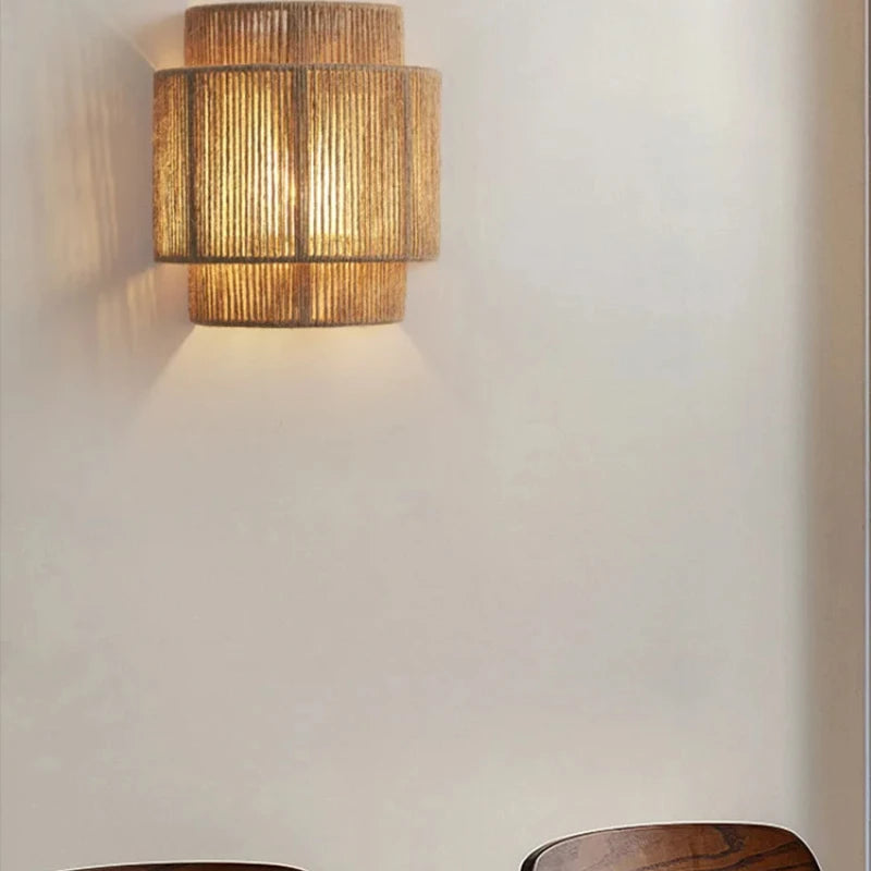 Rattan Wall Lamp Chinese Hemp Rope Bedroom Sconce