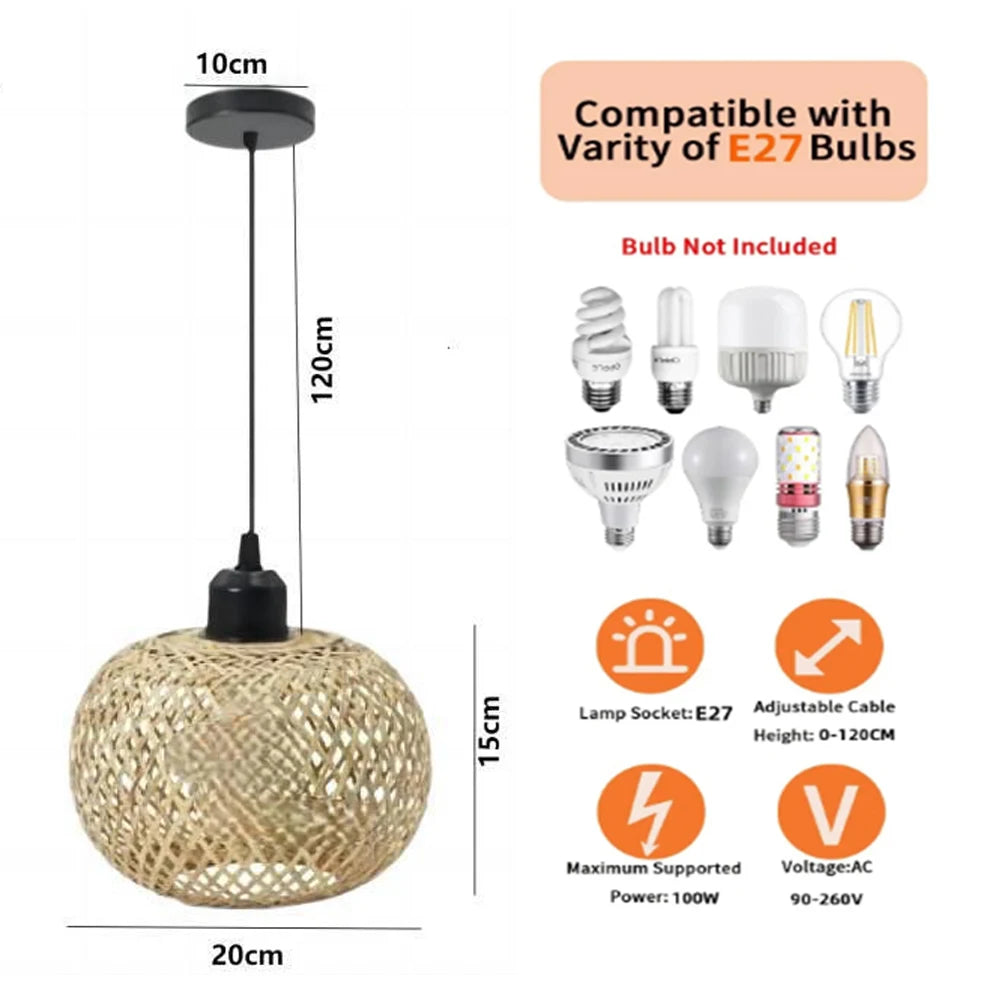 Bamboo Pendant Chandelier Handmade Rattan Dining Room Light