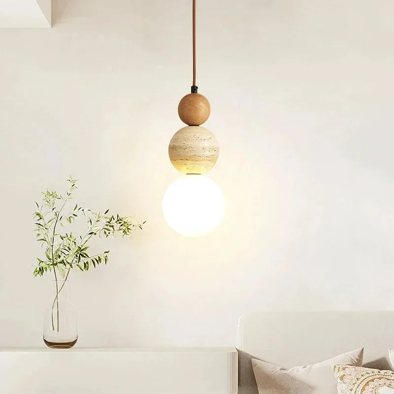 Cream Style Pendant Lamp Stone Wood Bedroom Hanging Light