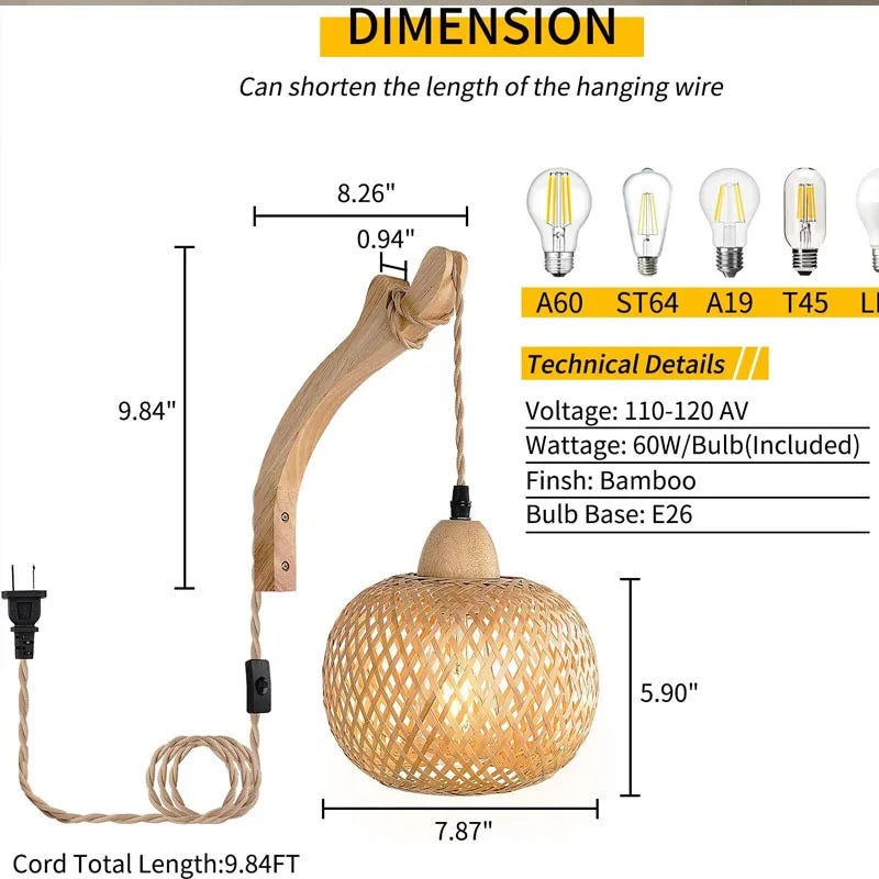 Bamboo Wall Lamp Natural Rattan Bedroom Decorative Light