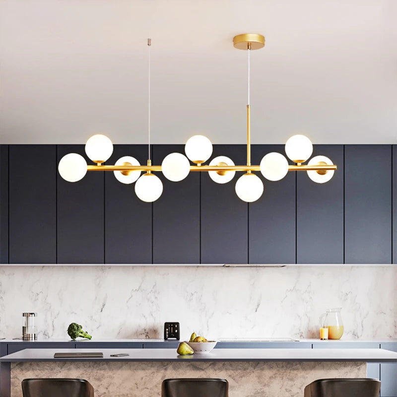 Nordic Modern LED Pendant Light Gold Glass Ball Head Chandelier Kitchen Dining Living Room