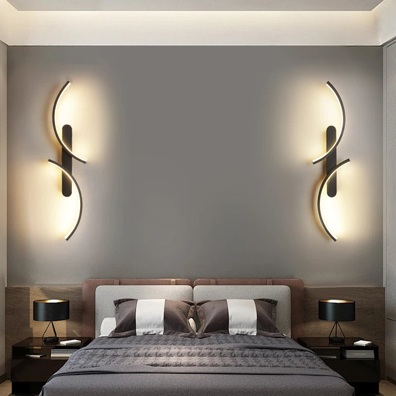 Modern Curved LED Wall Light Black Bedroom Living Room Lamp