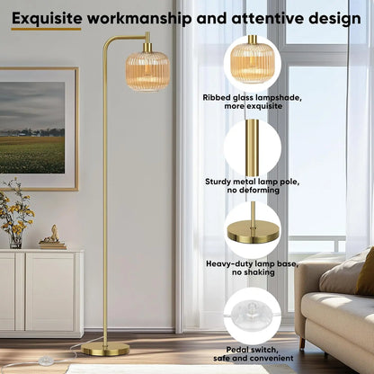 Modern Ribbed Glass Floor Lamp with Gold Finish