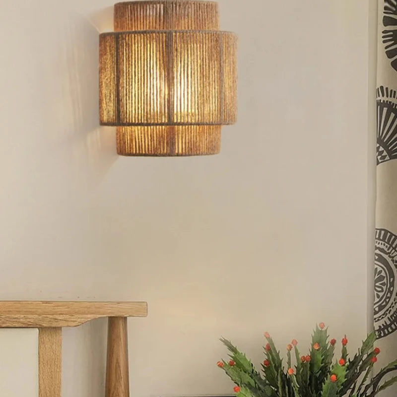 Rattan Wall Lamp Chinese Hemp Rope Bedroom Sconce