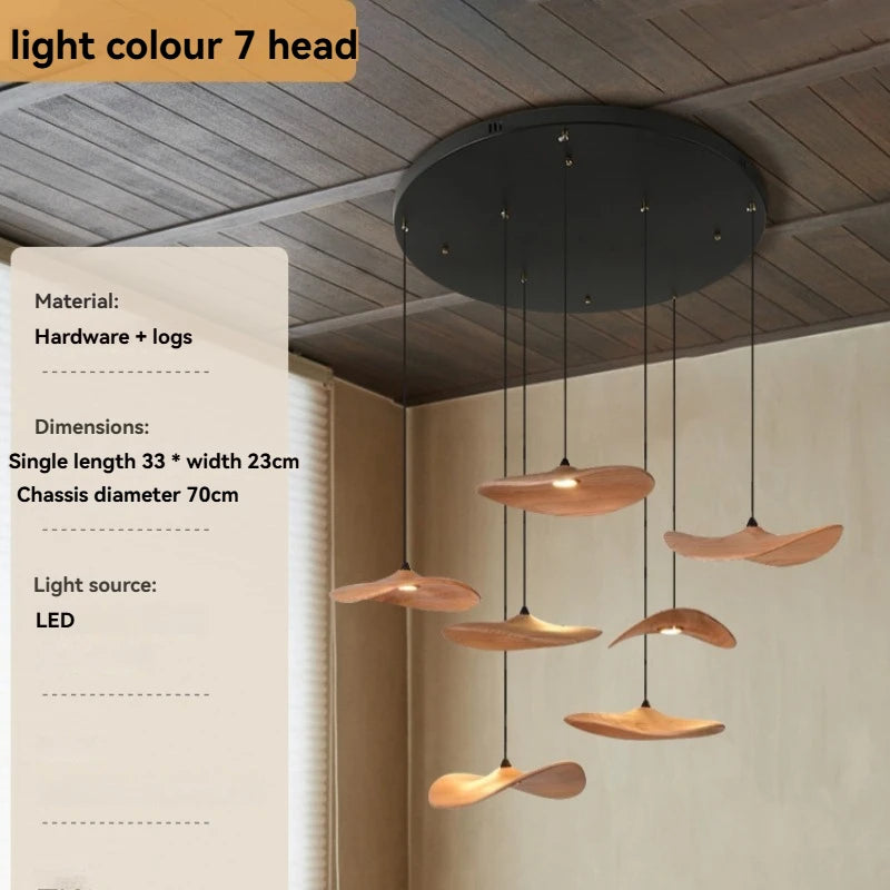 Solid Wood Walnut Leaf Chandelier Wabi Sabi Living Room Ceiling Light