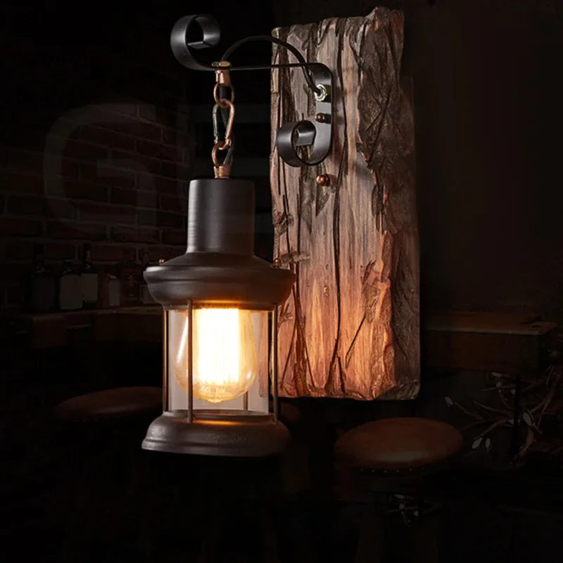Rustic Industrial Wood Wall Lamp Vintage Loft Sconce