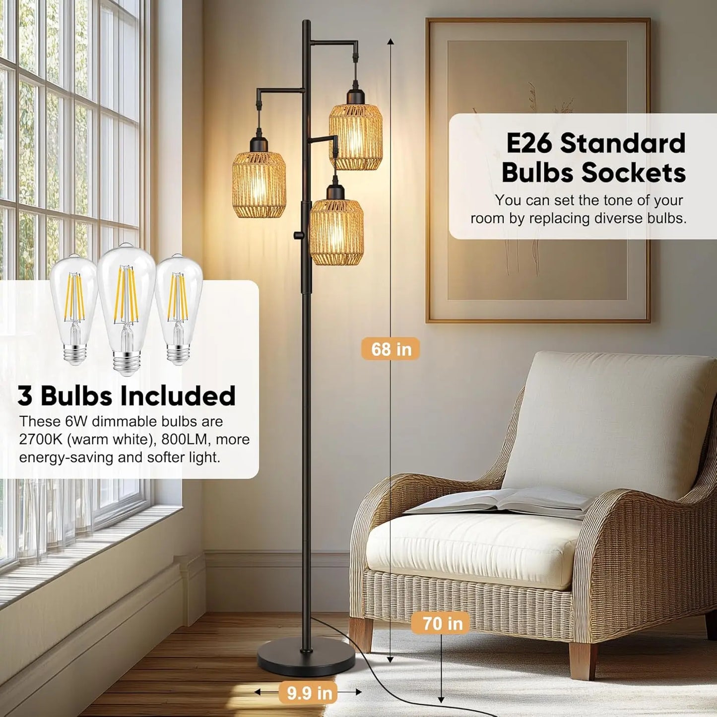 Dimmable Farmhouse Rattan Floor Lamp for Cozy Interiors