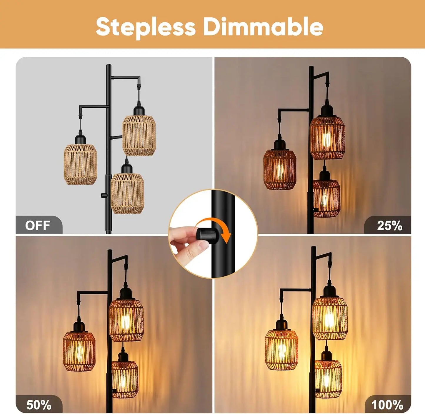 Dimmable Farmhouse Rattan Floor Lamp for Cozy Interiors