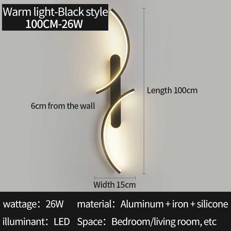 Modern Curved LED Wall Light Black Bedroom Living Room Lamp
