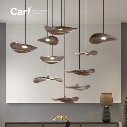 Solid Wood Walnut Leaf Chandelier Wabi Sabi Living Room Ceiling Light