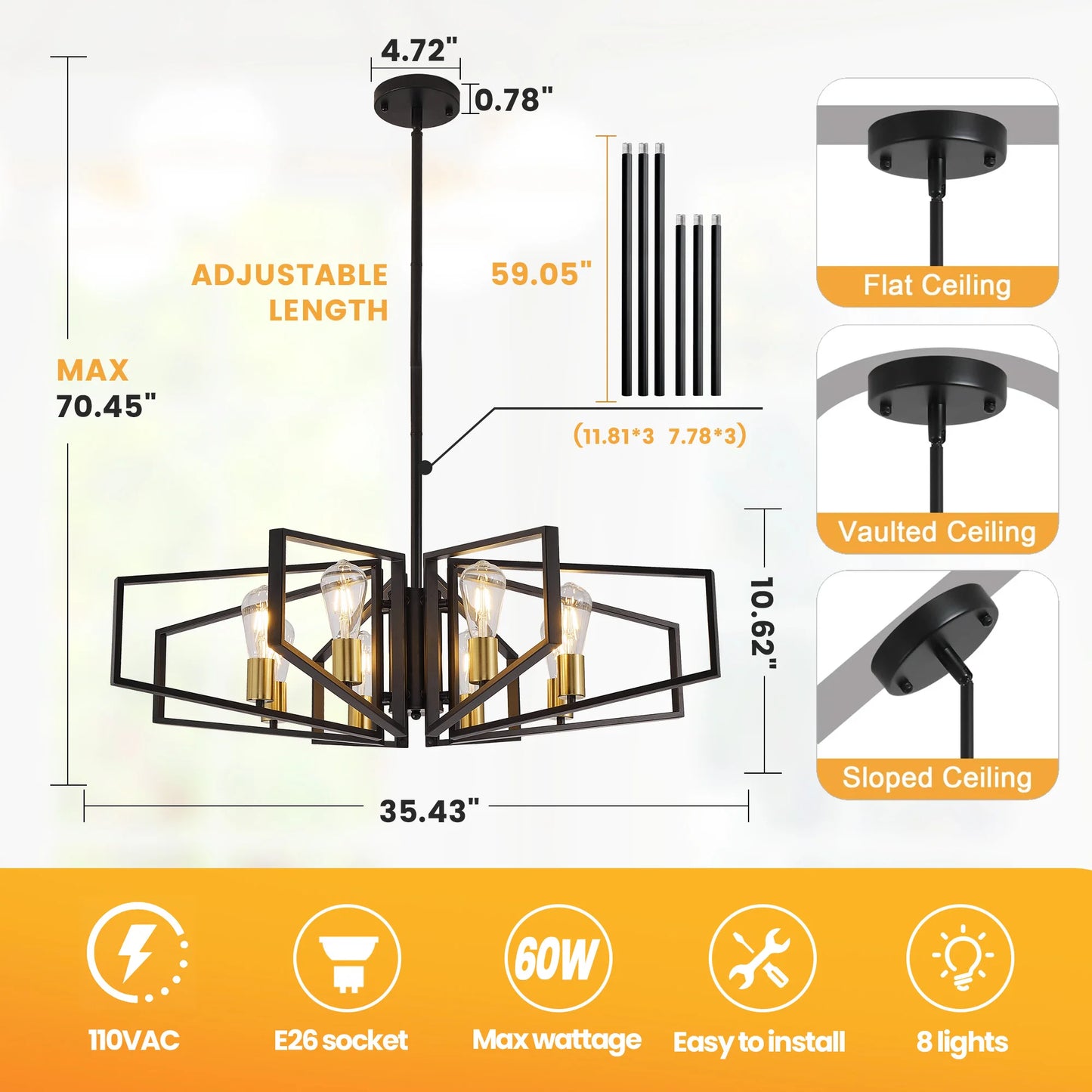 Modern Geometric Chandelier 8 Light Black Gold Ceiling Lamp
