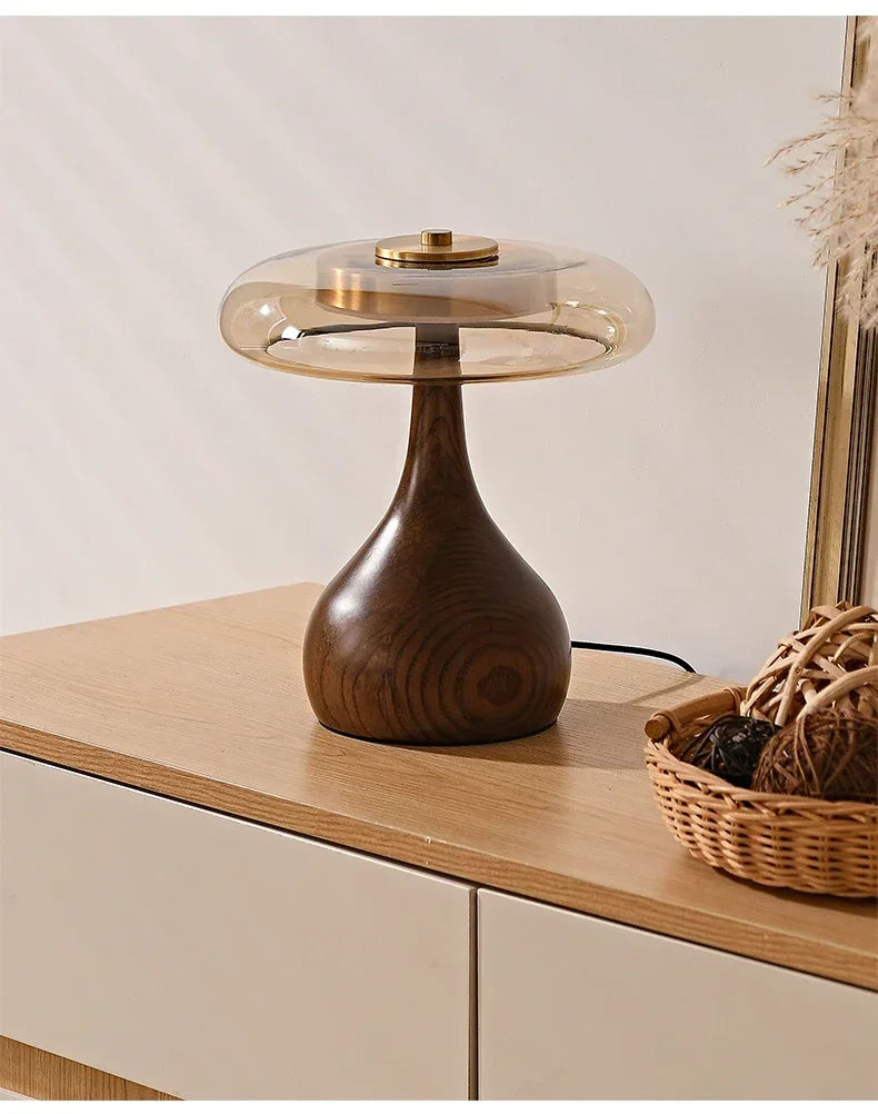 Retro Wooden Table Lamp – French Vintage Glass Bedside Light