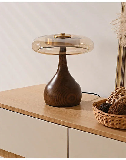 Retro Wooden Table Lamp – French Vintage Glass Bedside Light