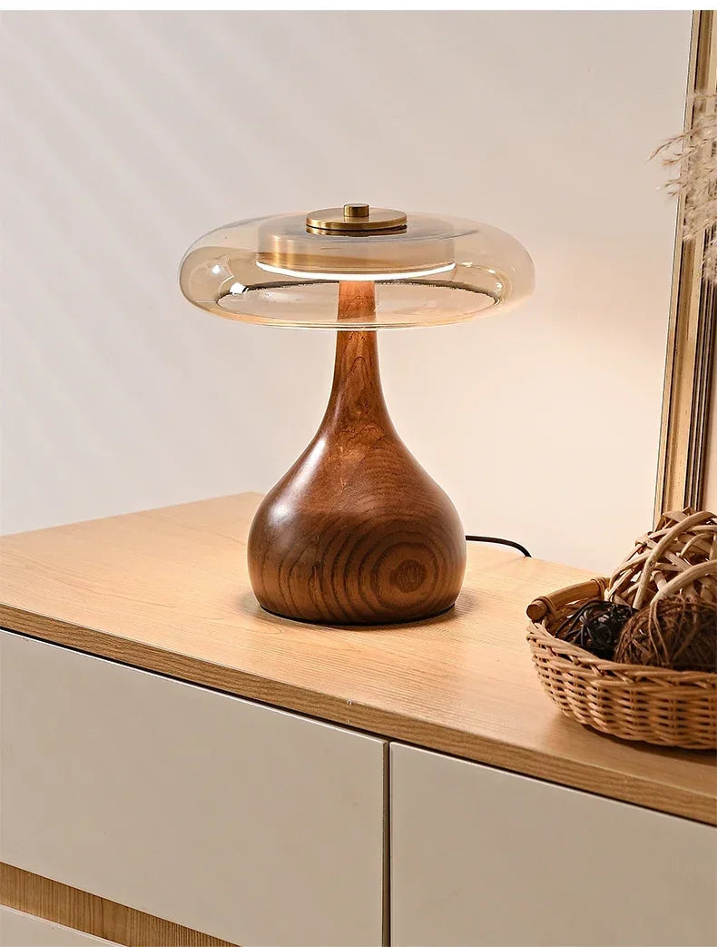 Retro Wooden Table Lamp – French Vintage Glass Bedside Light