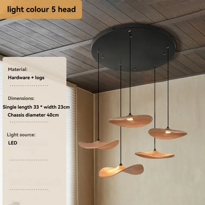 Solid Wood Walnut Leaf Chandelier Wabi Sabi Living Room Ceiling Light