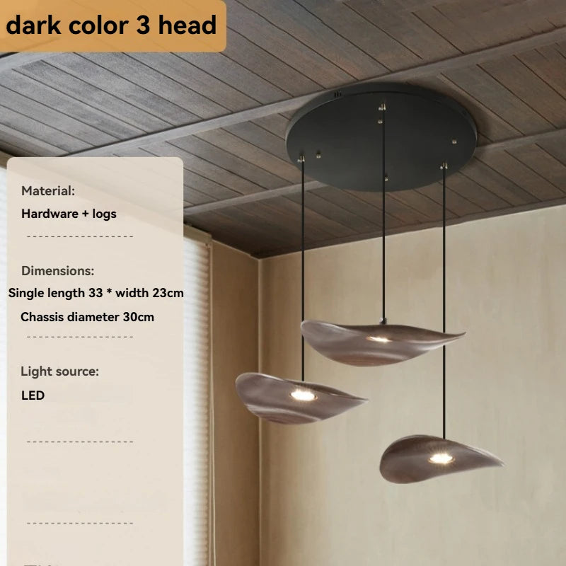 Solid Wood Walnut Leaf Chandelier Wabi Sabi Living Room Ceiling Light