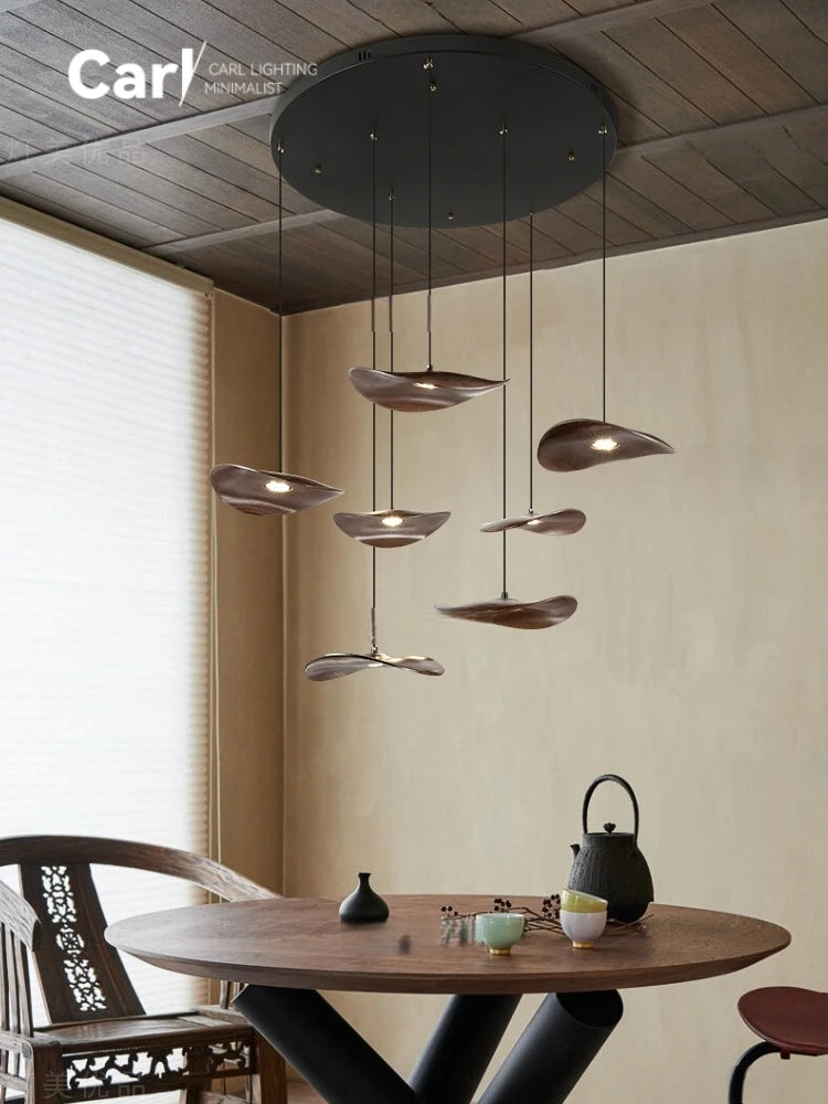 Solid Wood Walnut Leaf Chandelier Wabi Sabi Living Room Ceiling Light