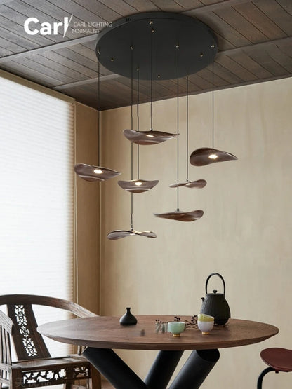 Solid Wood Walnut Leaf Chandelier Wabi Sabi Living Room Ceiling Light
