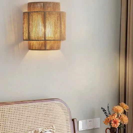 Rattan Wall Lamp Chinese Hemp Rope Bedroom Sconce