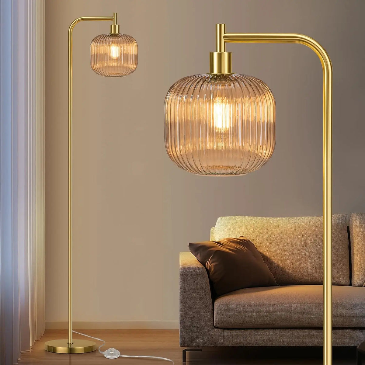 Modern Ribbed Glass Floor Lamp with Gold Finish