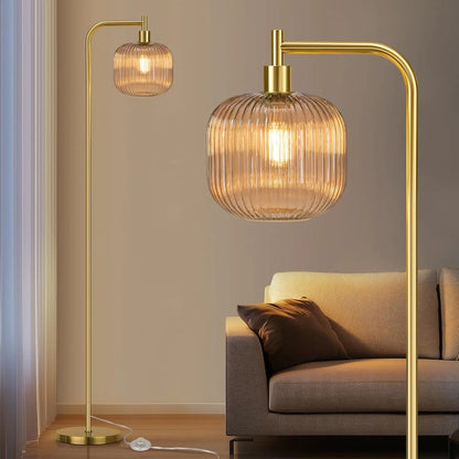 Modern Ribbed Glass Floor Lamp with Gold Finish