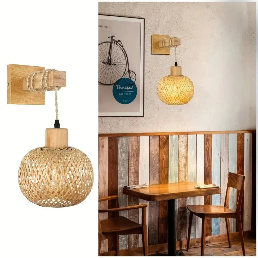 Handcrafted Bamboo Rattan Plug-In Wall Sconce