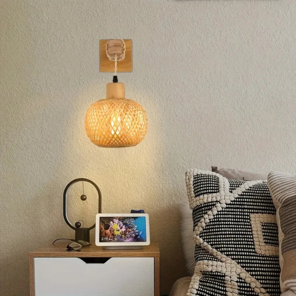 Handcrafted Bamboo Rattan Plug-In Wall Sconce