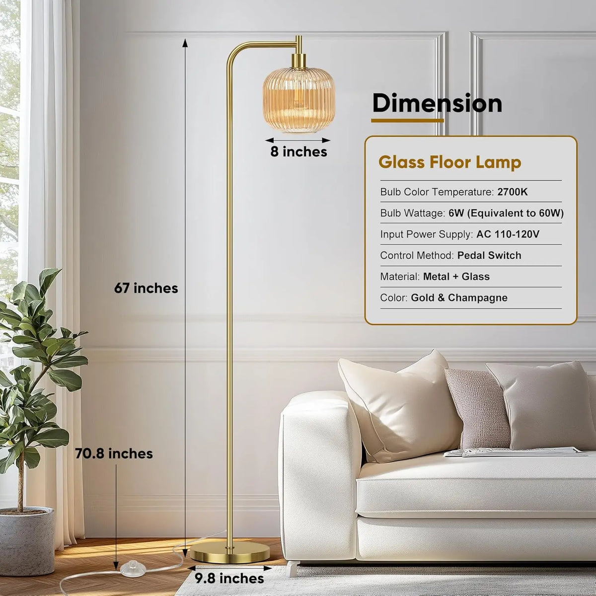 Modern Ribbed Glass Floor Lamp with Gold Finish