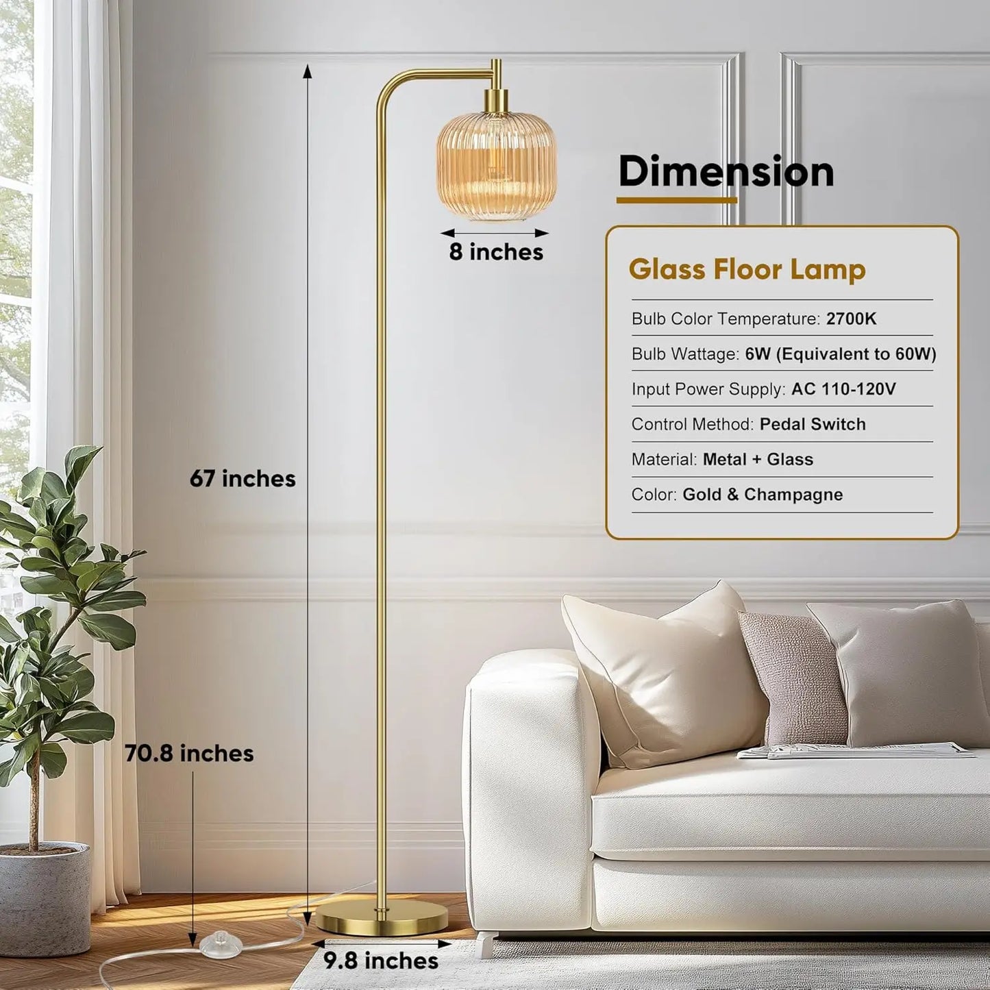Modern Ribbed Glass Floor Lamp with Gold Finish