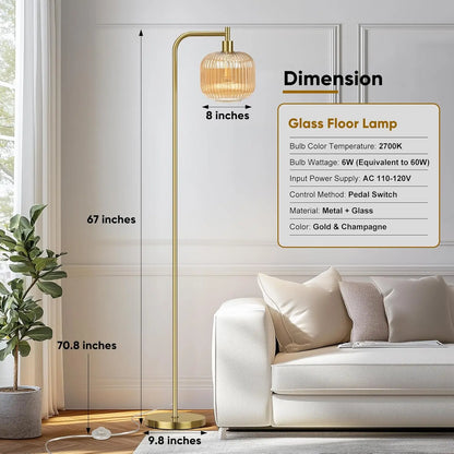 Modern Ribbed Glass Floor Lamp with Gold Finish