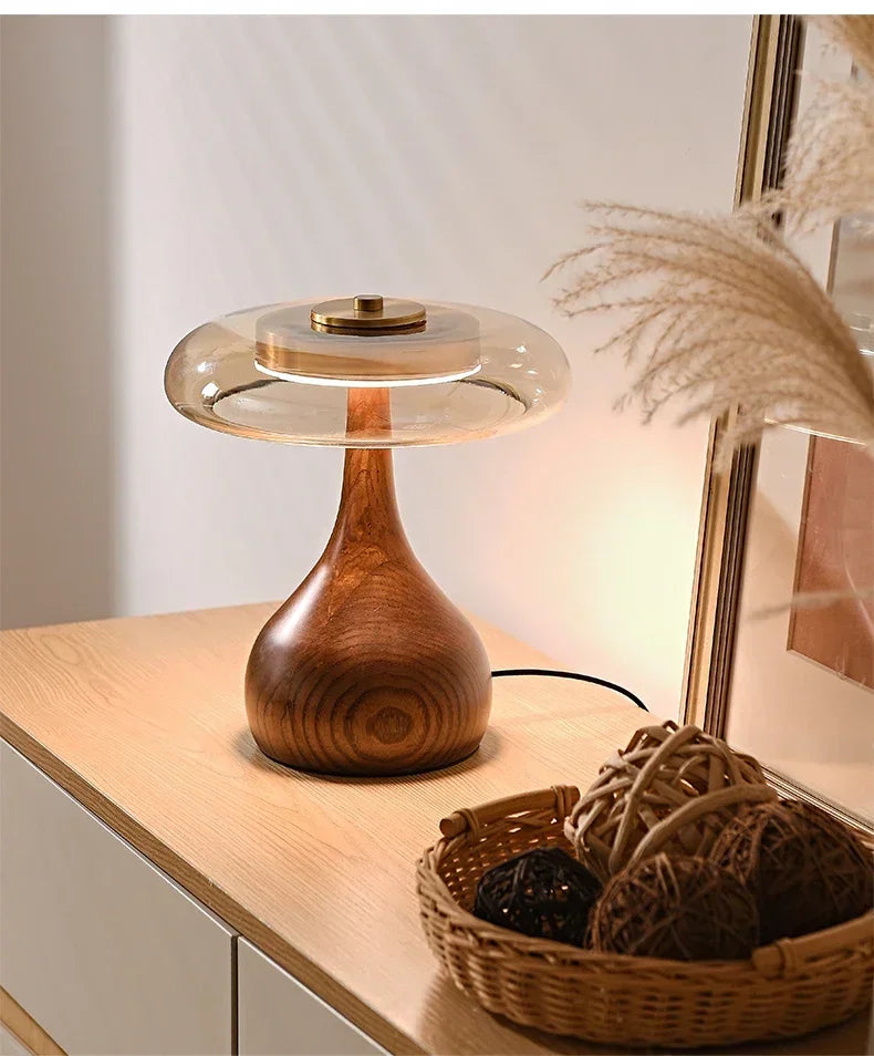 Retro Wooden Table Lamp – French Vintage Glass Bedside Light