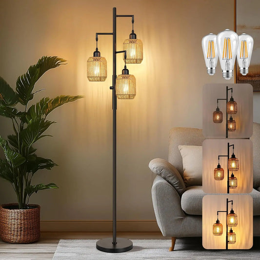 Dimmable Farmhouse Rattan Floor Lamp for Cozy Interiors