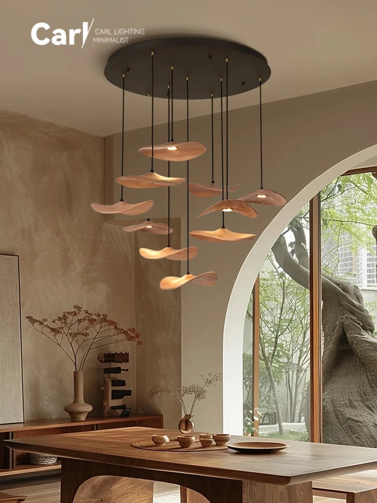 Solid Wood Walnut Leaf Chandelier Wabi Sabi Living Room Ceiling Light