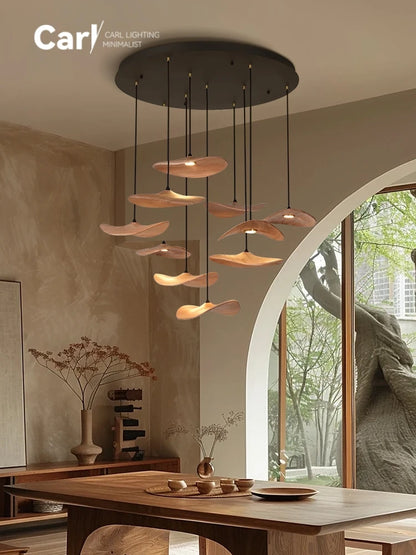 Solid Wood Walnut Leaf Chandelier Wabi Sabi Living Room Ceiling Light