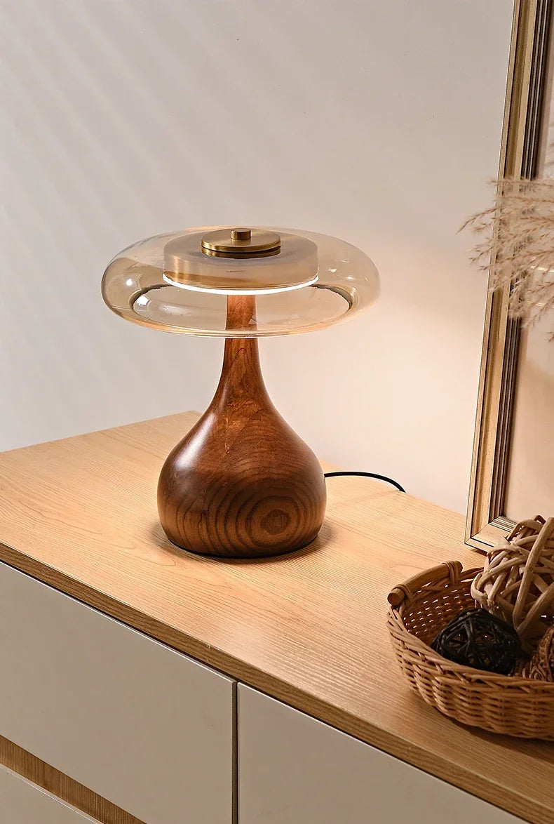 Retro Wooden Table Lamp – French Vintage Glass Bedside Light