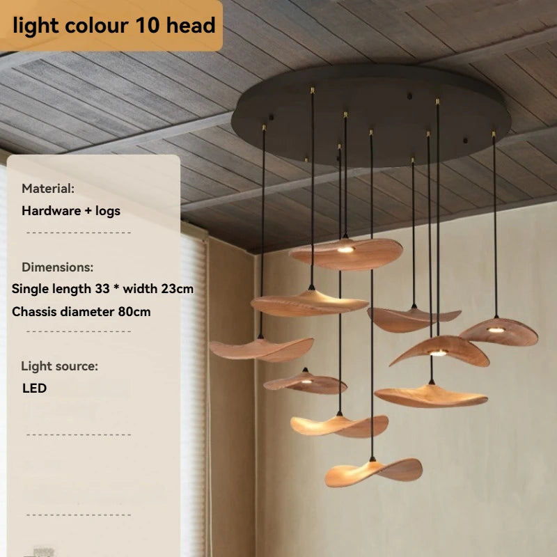 Solid Wood Walnut Leaf Chandelier Wabi Sabi Living Room Ceiling Light