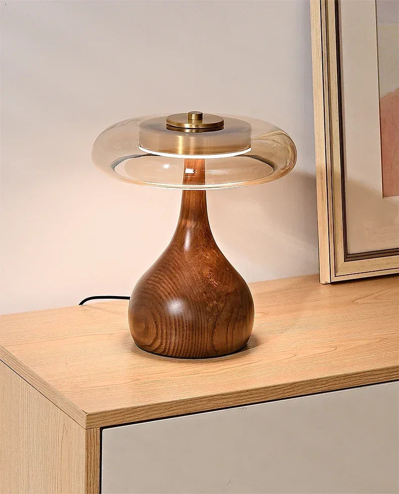 Retro Wooden Table Lamp – French Vintage Glass Bedside Light
