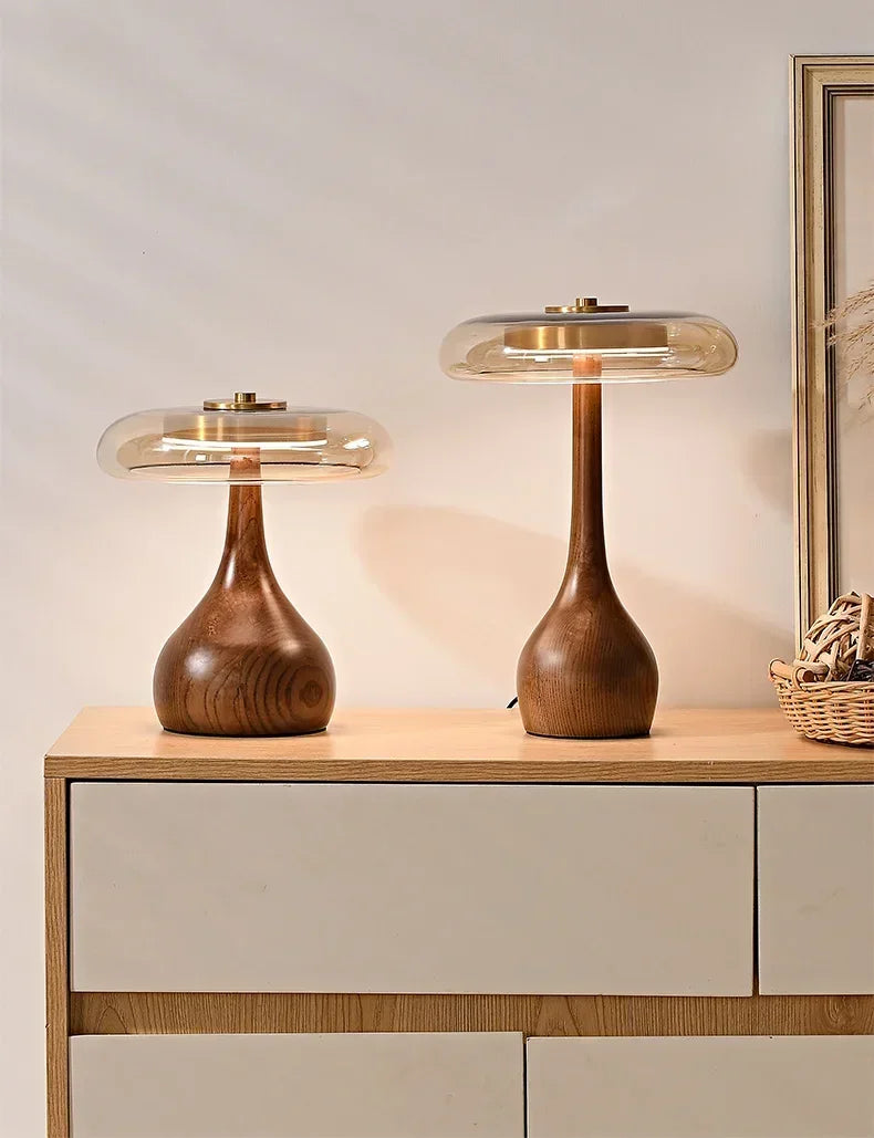Retro Wooden Table Lamp – French Vintage Glass Bedside Light