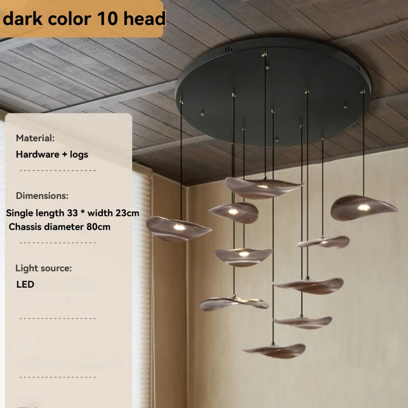 Solid Wood Walnut Leaf Chandelier Wabi Sabi Living Room Ceiling Light