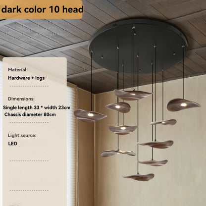 Solid Wood Walnut Leaf Chandelier Wabi Sabi Living Room Ceiling Light