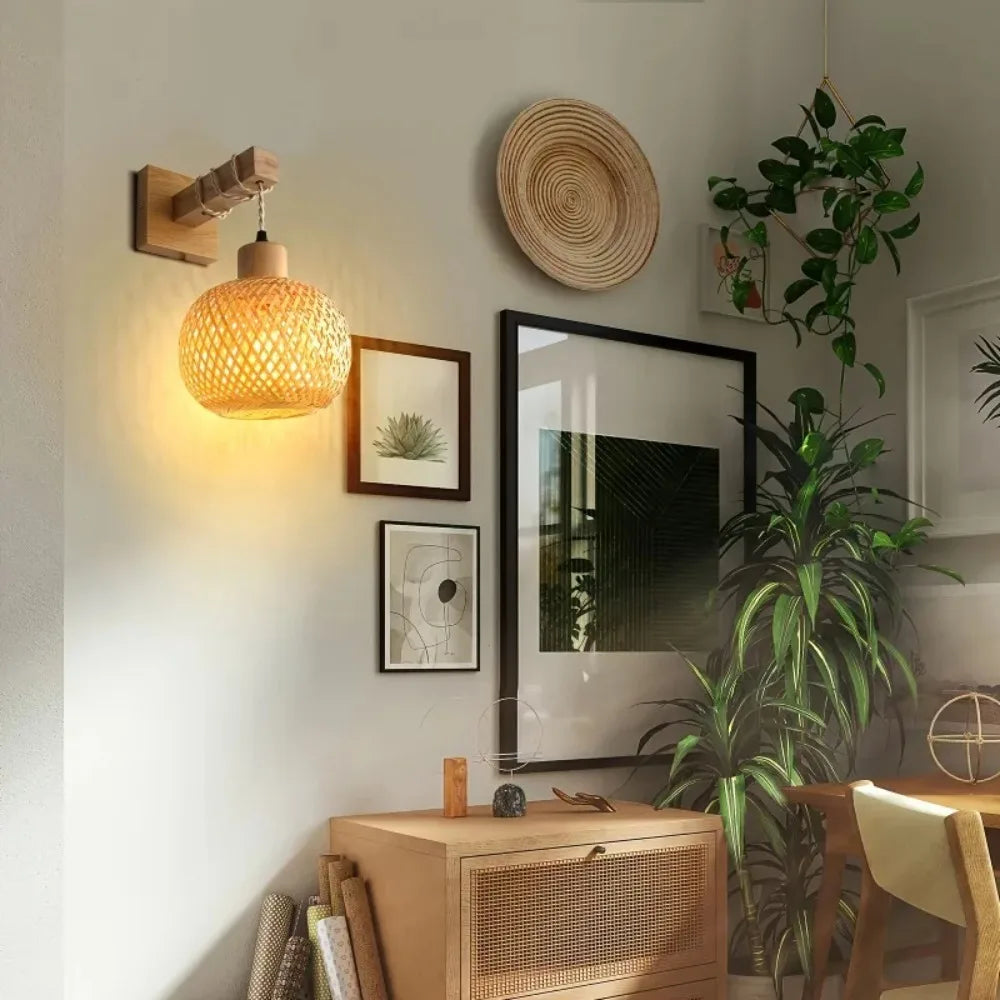 Handcrafted Bamboo Rattan Plug-In Wall Sconce