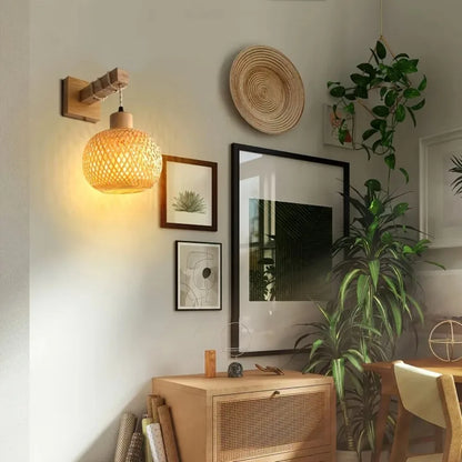 Handcrafted Bamboo Rattan Plug-In Wall Sconce