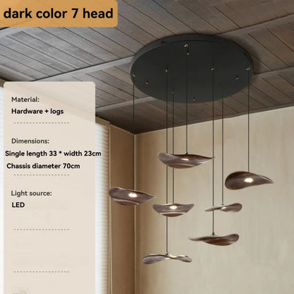 Solid Wood Walnut Leaf Chandelier Wabi Sabi Living Room Ceiling Light