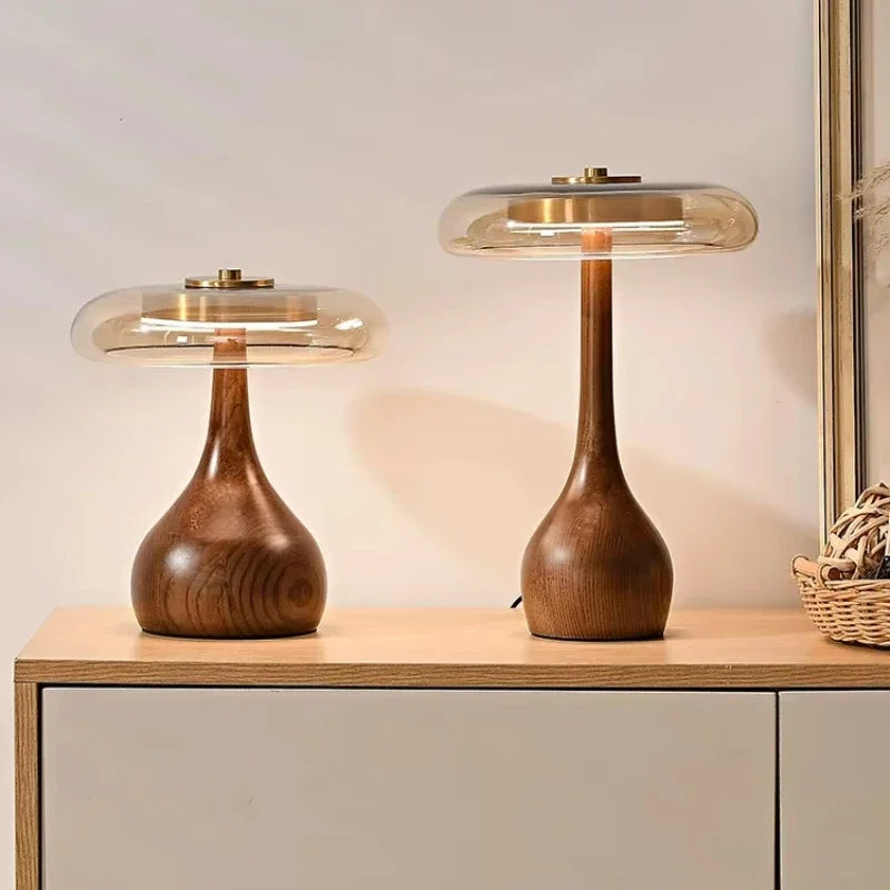 Retro Wooden Table Lamp – French Vintage Glass Bedside Light