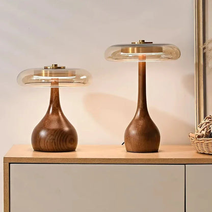 Retro Wooden Table Lamp – French Vintage Glass Bedside Light