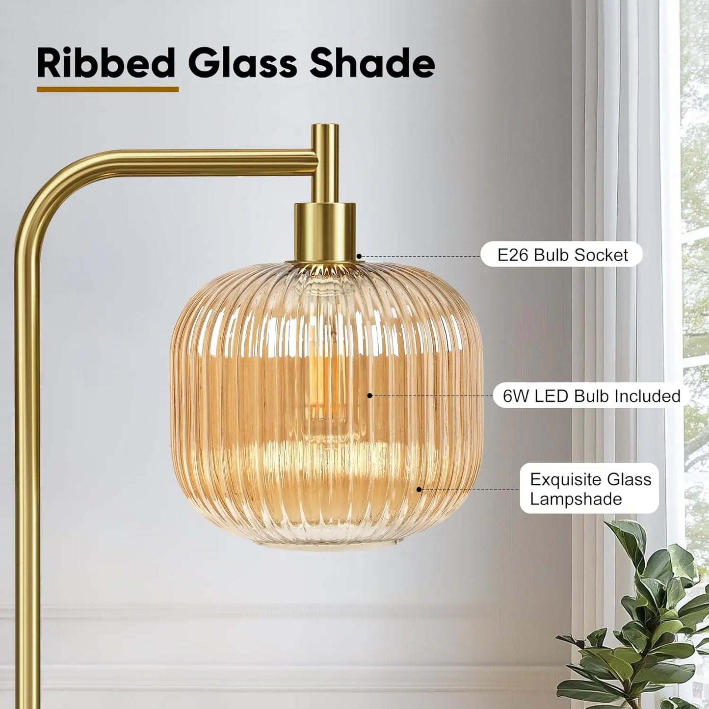 Modern Ribbed Glass Floor Lamp with Gold Finish