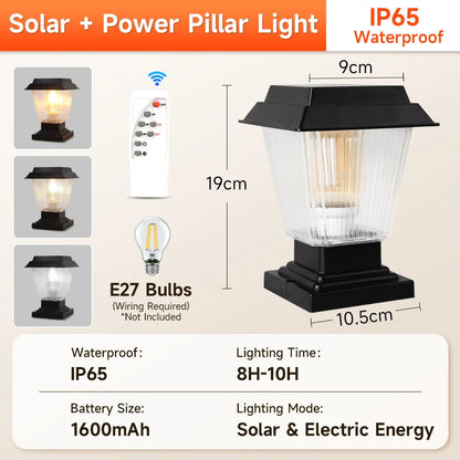 Solar Post Light Remote Control Outdoor Pillar Garden Lamp