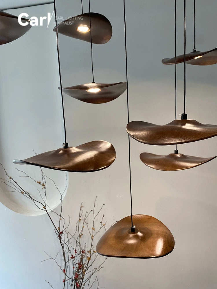 Solid Wood Walnut Leaf Chandelier Wabi Sabi Living Room Ceiling Light