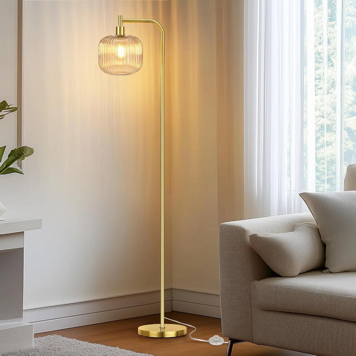 Modern Ribbed Glass Floor Lamp with Gold Finish
