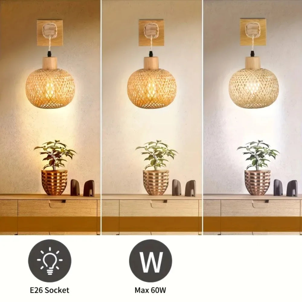 Handcrafted Bamboo Rattan Plug-In Wall Sconce